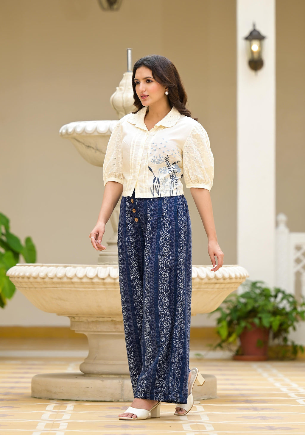 Juniper Blue And White Floral Printed Rayon Clothing Set With Thread Embroidery & Buttons | Grocsy
