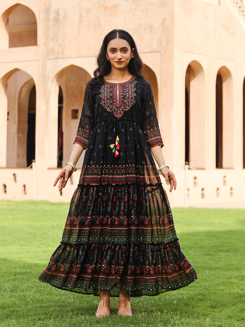 Juniper Black Ethnic Motif Printed Georgette Maxi Dress With Sequins & Doris At Waist | Grocsy