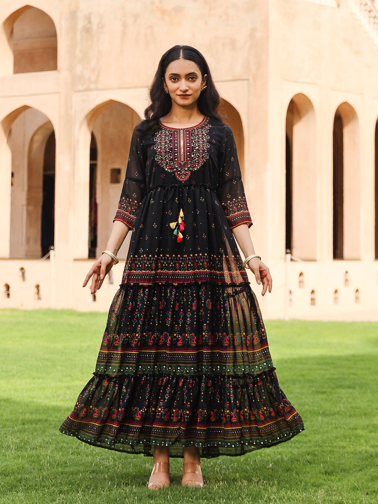 Juniper Black Ethnic Motif Printed Georgette Maxi Dress With Sequins & Doris At Waist | Grocsy