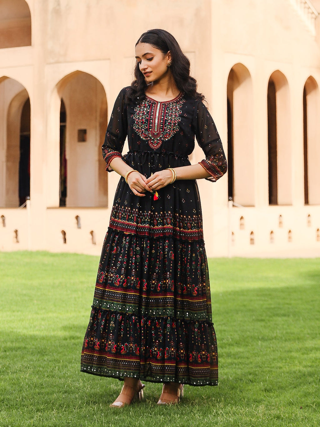 Juniper Black Ethnic Motif Printed Georgette Maxi Dress With Sequins & Doris At Waist | Grocsy