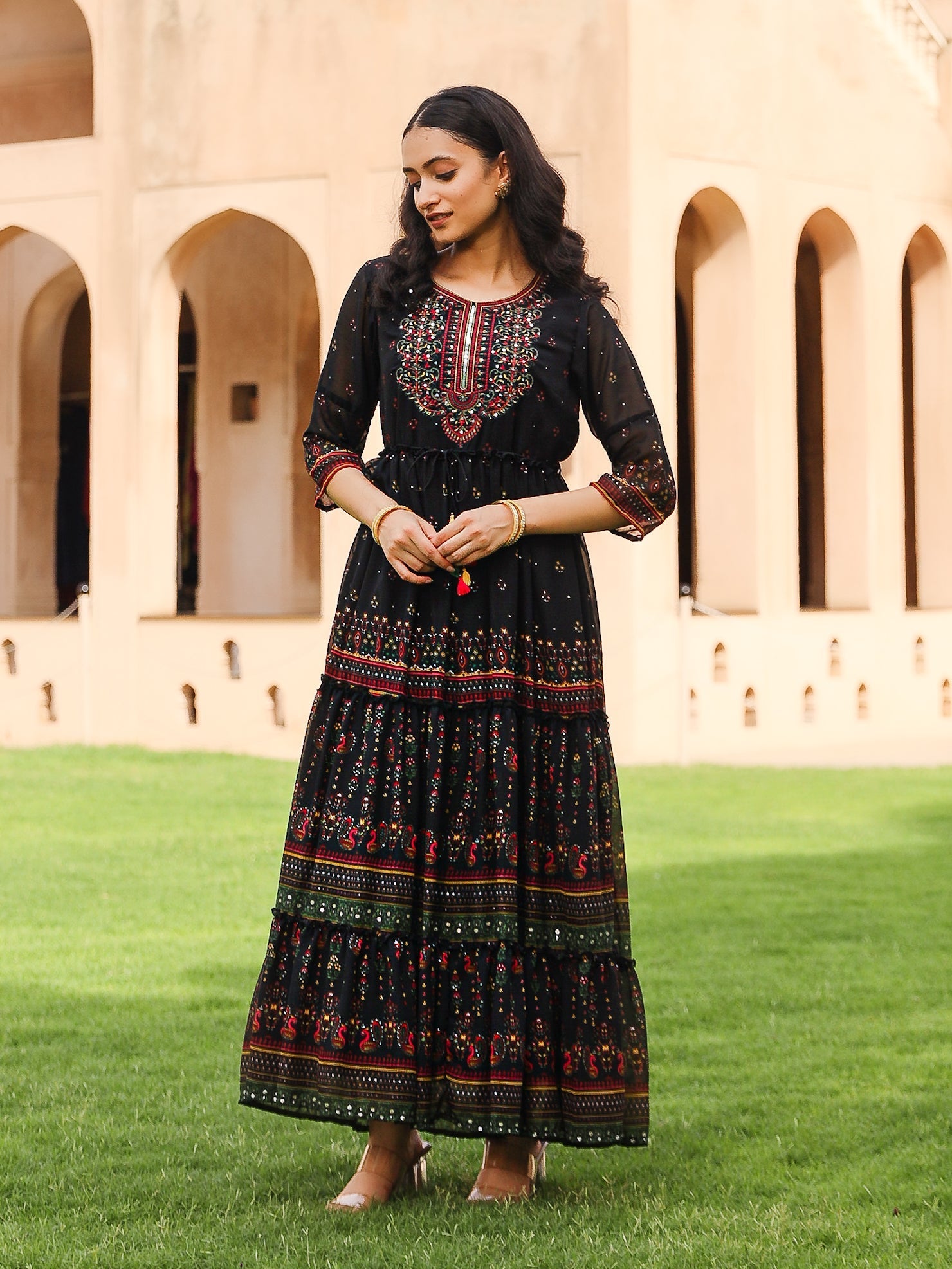 Juniper Black Ethnic Motif Printed Georgette Maxi Dress With Sequins & Doris At Waist | Grocsy