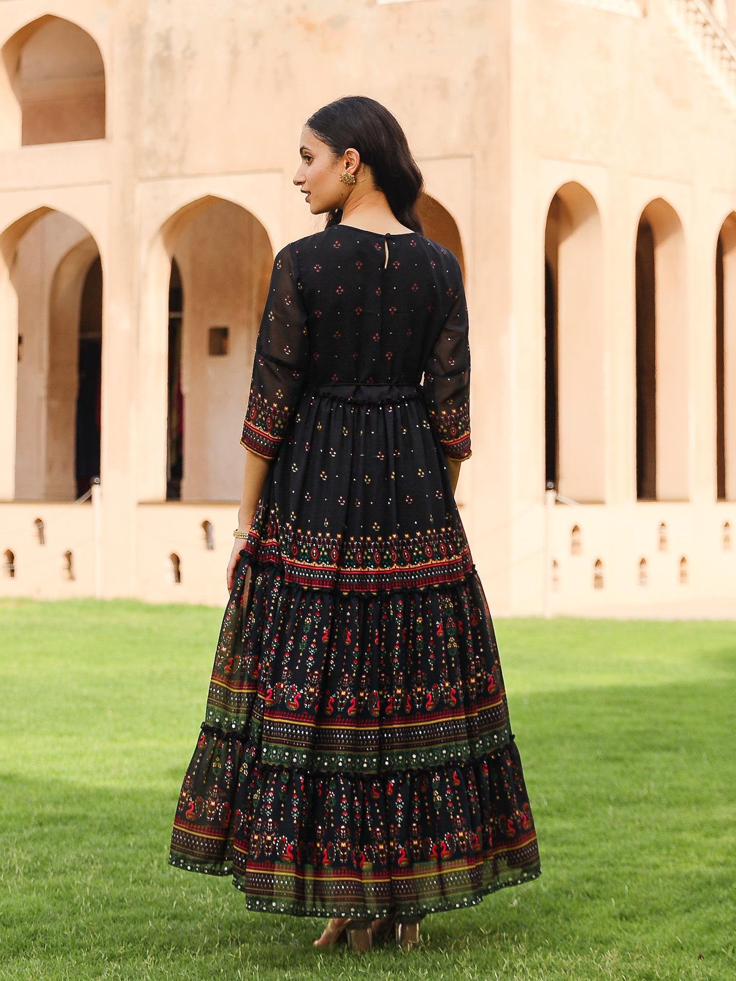 Juniper Black Ethnic Motif Printed Georgette Maxi Dress With Sequins & Doris At Waist | Grocsy