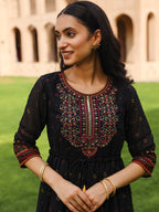 Juniper Black Ethnic Motif Printed Georgette Maxi Dress With Sequins & Doris At Waist | Grocsy