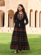 Juniper Black Ethnic Motif Printed Georgette Maxi Dress With Sequins & Doris At Waist | Grocsy