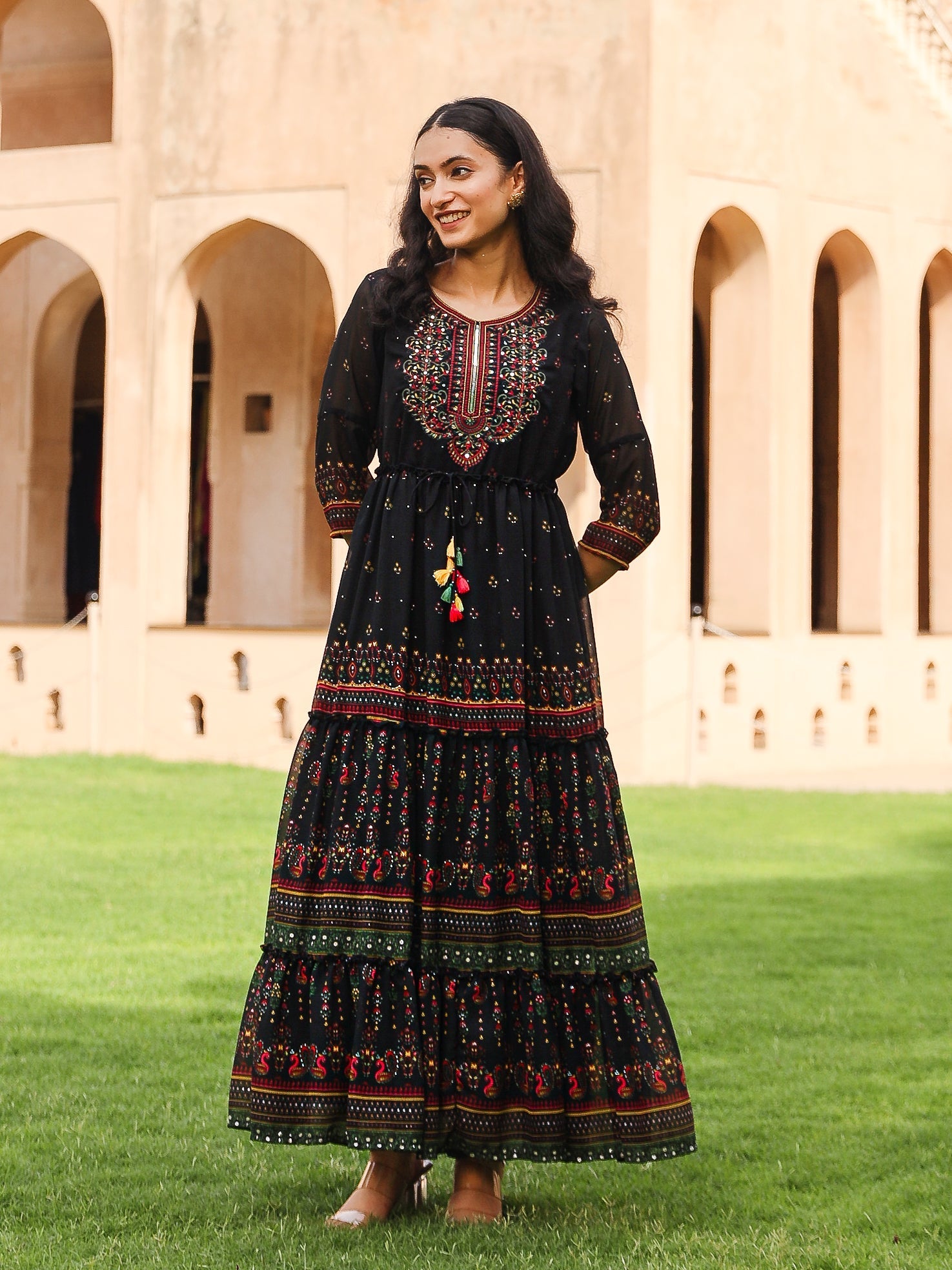 Juniper Black Ethnic Motif Printed Georgette Maxi Dress With Sequins & Doris At Waist | Grocsy