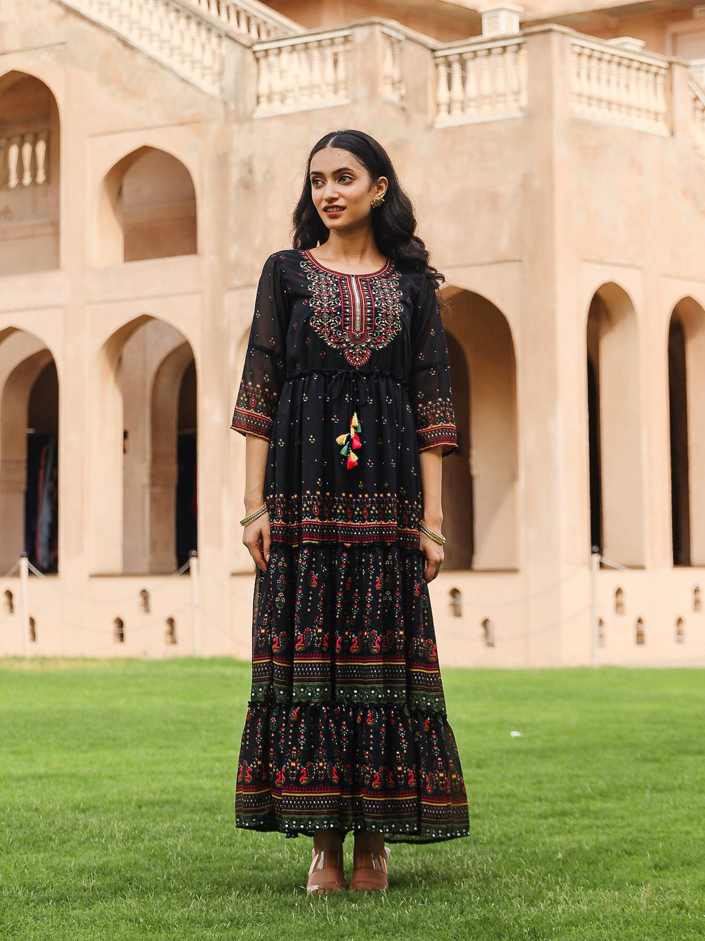 Juniper Black Ethnic Motif Printed Georgette Maxi Dress With Sequins & Doris At Waist | Grocsy
