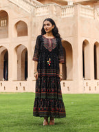 Juniper Black Ethnic Motif Printed Georgette Maxi Dress With Sequins & Doris At Waist | Grocsy