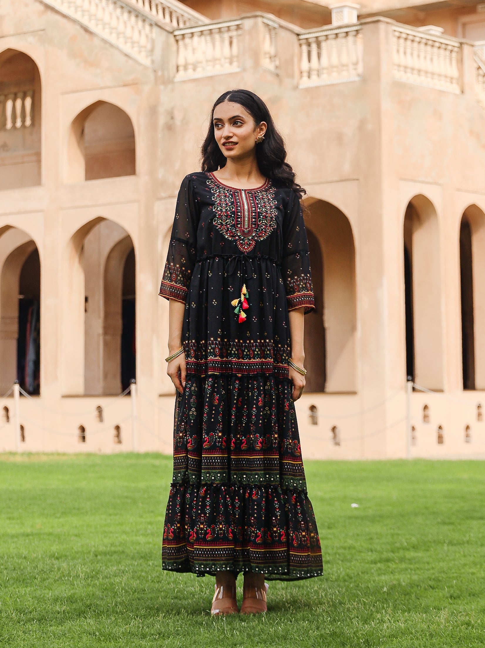 Juniper Black Ethnic Motif Printed Georgette Maxi Dress With Sequins & Doris At Waist | Grocsy