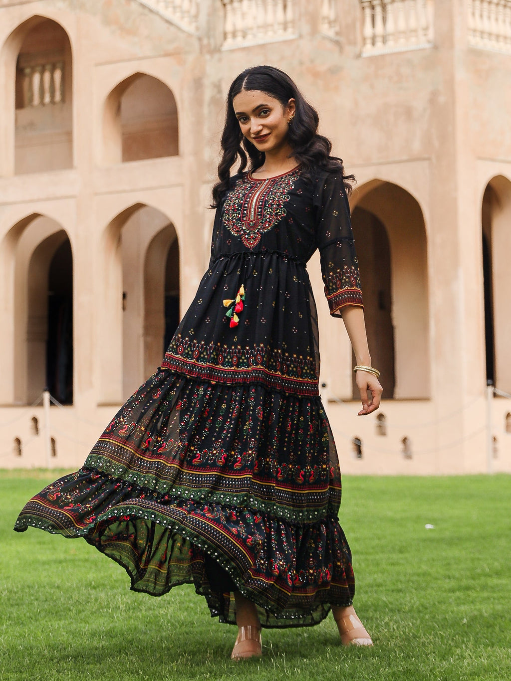 Juniper Black Ethnic Motif Printed Georgette Maxi Dress With Sequins & Doris At Waist | Grocsy