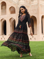 Juniper Black Ethnic Motif Printed Georgette Maxi Dress With Sequins & Doris At Waist | Grocsy