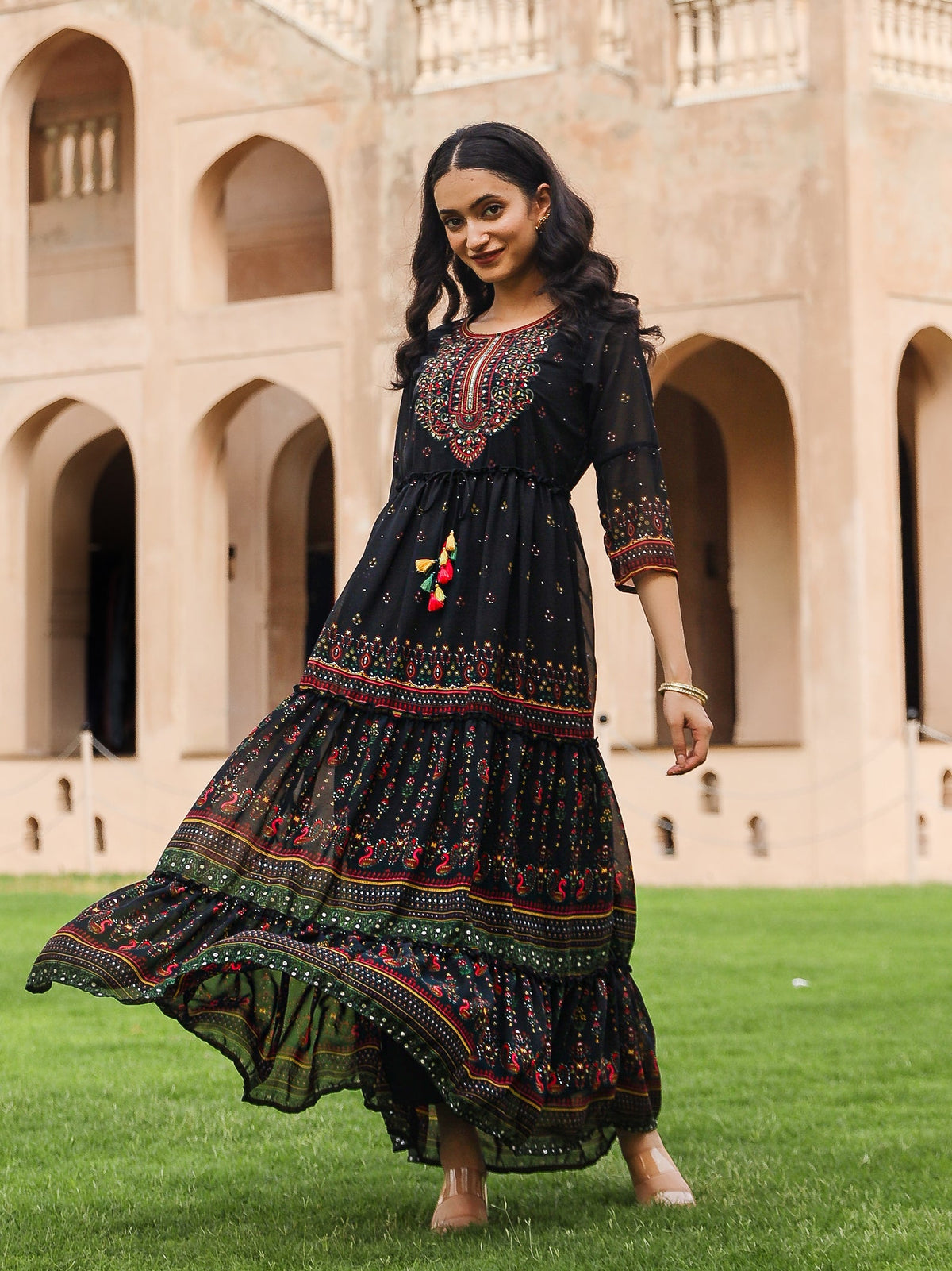 Juniper Black Ethnic Motif Printed Georgette Maxi Dress With Sequins & Doris At Waist | Grocsy