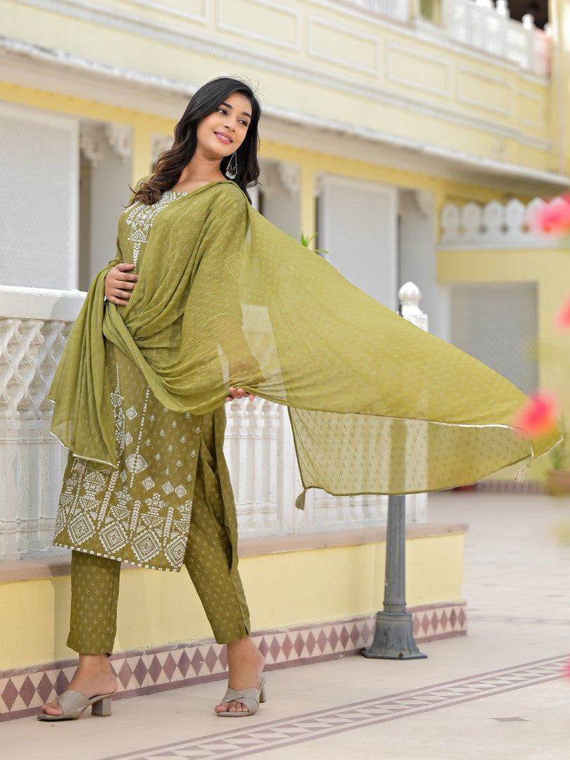 Juniper Women's Olive Green Ethnic Motif Printed Viscose Kurta, Pant And Dupatta Set With Gota Patti Work | Grocsy