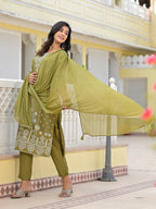 Juniper Women's Olive Green Ethnic Motif Printed Viscose Kurta, Pant And Dupatta Set With Gota Patti Work | Grocsy