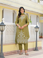 Juniper Women's Olive Green Ethnic Motif Printed Viscose Kurta, Pant And Dupatta Set With Gota Patti Work | Grocsy