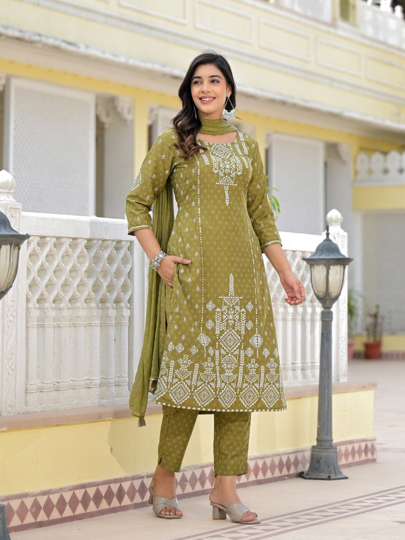 Juniper Women's Olive Green Ethnic Motif Printed Viscose Kurta, Pant And Dupatta Set With Gota Patti Work | Grocsy