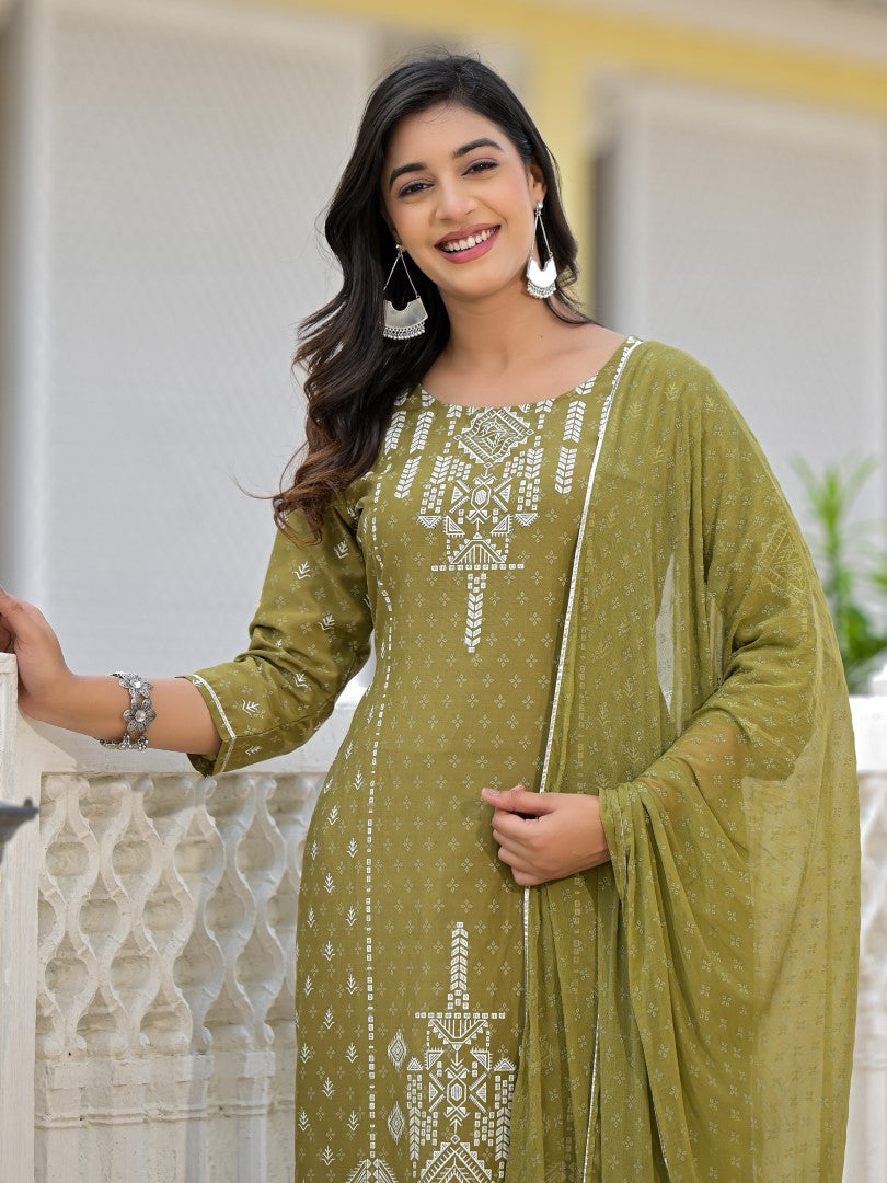 Juniper Women's Olive Green Ethnic Motif Printed Viscose Kurta, Pant And Dupatta Set With Gota Patti Work | Grocsy