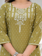 Juniper Women's Olive Green Ethnic Motif Printed Viscose Kurta, Pant And Dupatta Set With Gota Patti Work | Grocsy