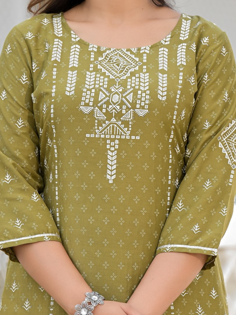 Juniper Women's Olive Green Ethnic Motif Printed Viscose Kurta, Pant And Dupatta Set With Gota Patti Work | Grocsy