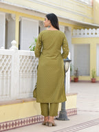 Juniper Women's Olive Green Ethnic Motif Printed Viscose Kurta, Pant And Dupatta Set With Gota Patti Work | Grocsy