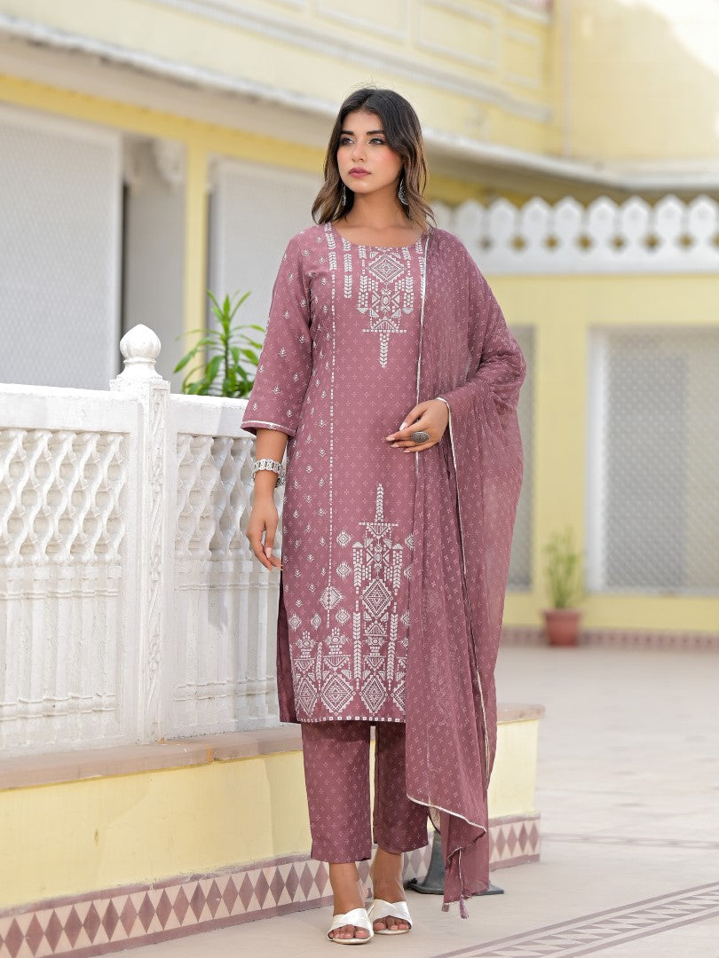 Juniper Women's Onion Pink Ethnic Motif Printed Viscose Kurta, Pant And Dupatta Set With Gotta Patti Work | Grocsy