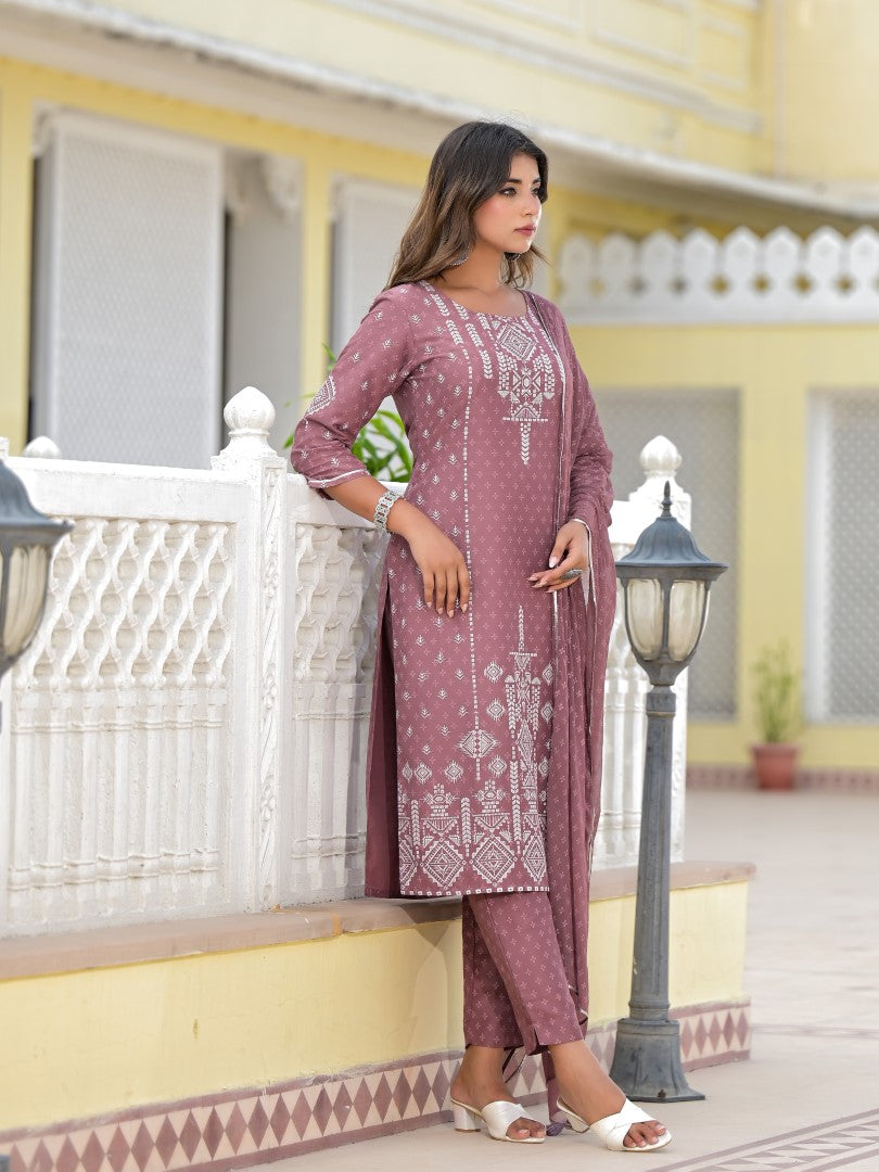Juniper Women's Onion Pink Ethnic Motif Printed Viscose Kurta, Pant And Dupatta Set With Gotta Patti Work | Grocsy