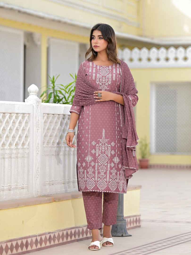 Juniper Women's Onion Pink Ethnic Motif Printed Viscose Kurta, Pant And Dupatta Set With Gotta Patti Work | Grocsy