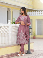 Juniper Women's Onion Pink Ethnic Motif Printed Viscose Kurta, Pant And Dupatta Set With Gotta Patti Work | Grocsy