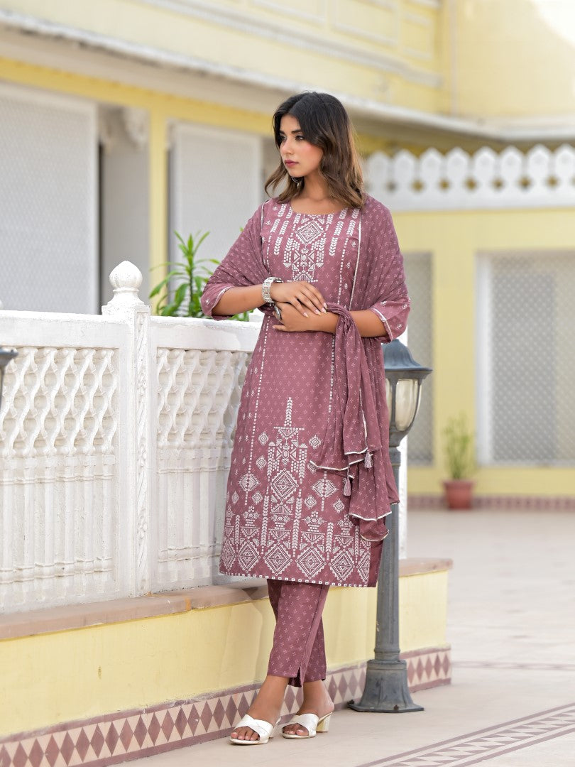 Juniper Women's Onion Pink Ethnic Motif Printed Viscose Kurta, Pant And Dupatta Set With Gotta Patti Work | Grocsy