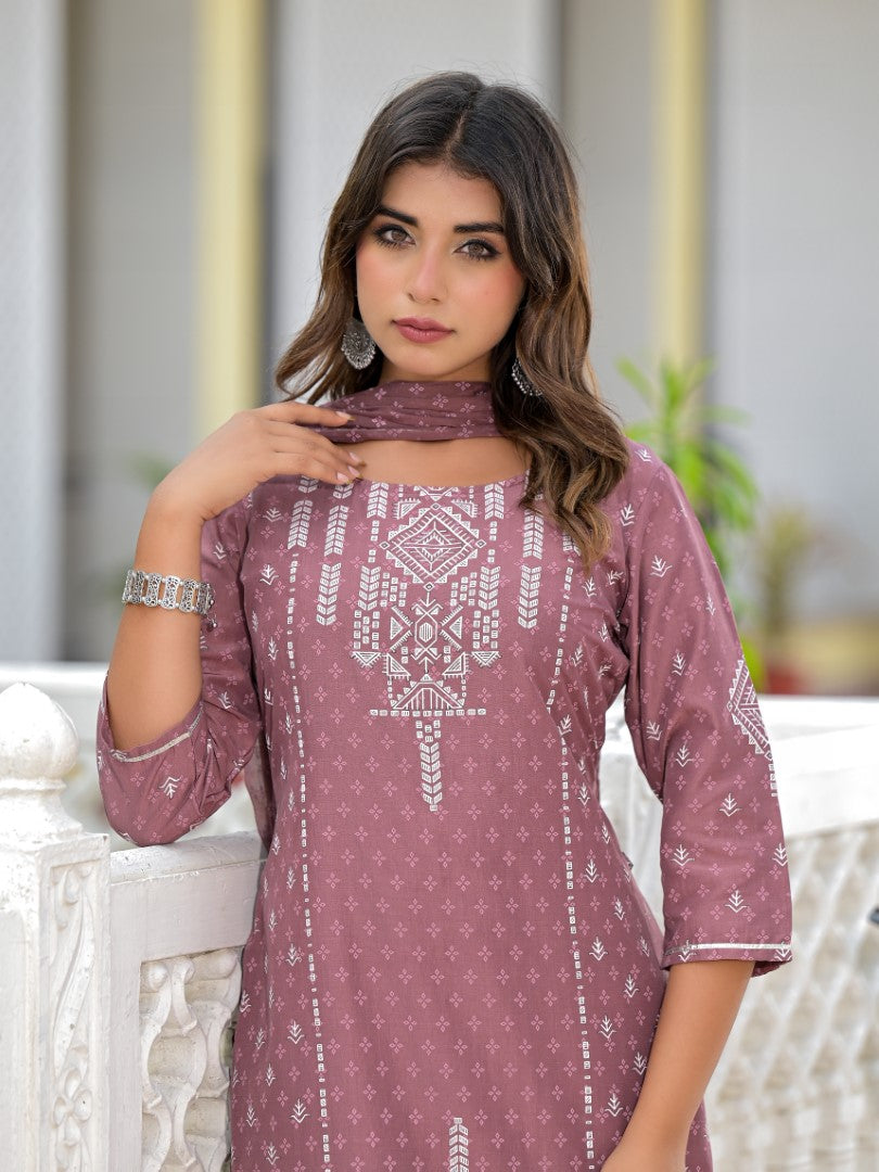 Juniper Women's Onion Pink Ethnic Motif Printed Viscose Kurta, Pant And Dupatta Set With Gotta Patti Work | Grocsy