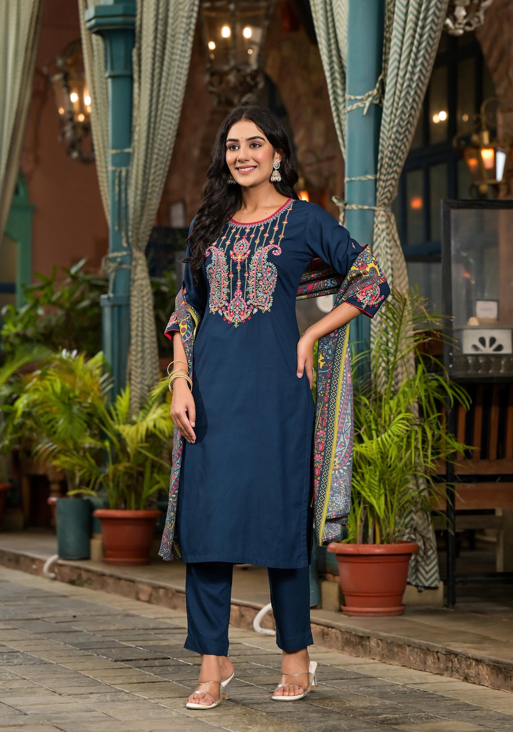 Juniper Women's Blue Viscose Rayon Solid Kurta Set | Grocsy