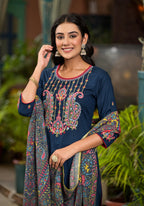 Juniper Women's Blue Viscose Rayon Solid Kurta Set | Grocsy