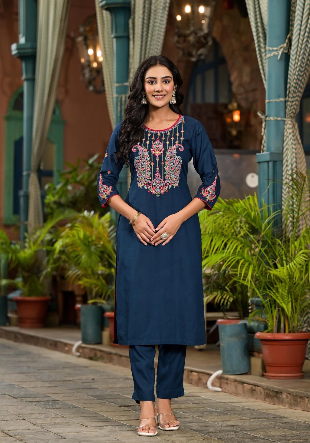 Juniper Women's Blue Viscose Rayon Solid Kurta Set | Grocsy