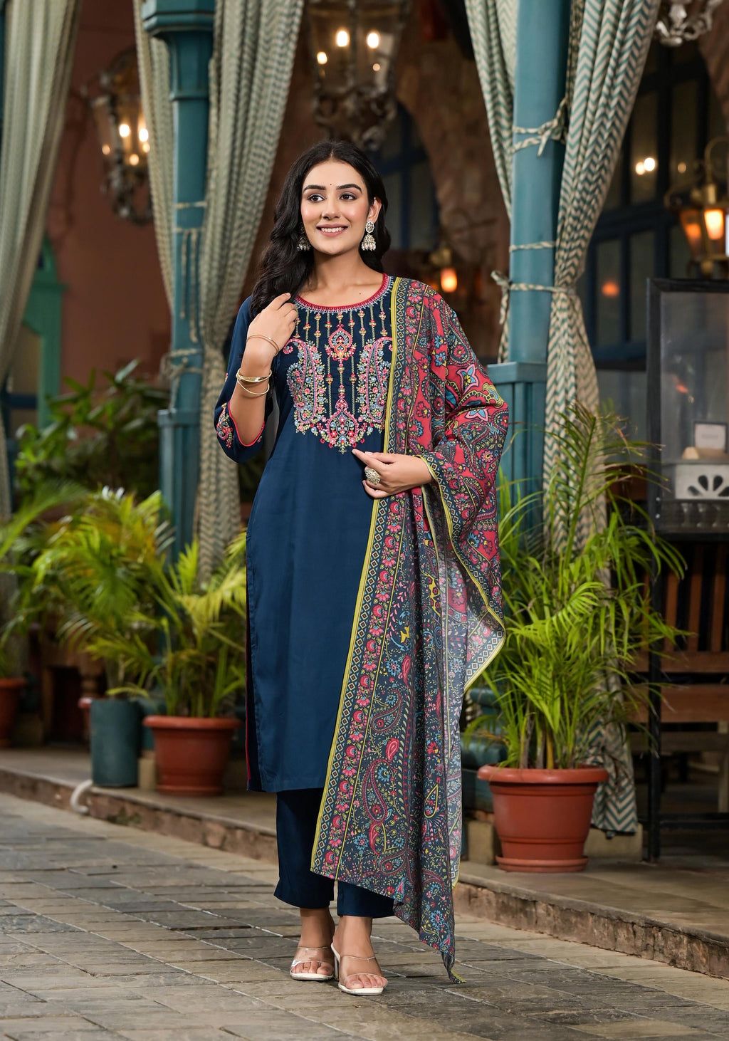 Juniper Women's Blue Viscose Rayon Solid Kurta Set | Grocsy