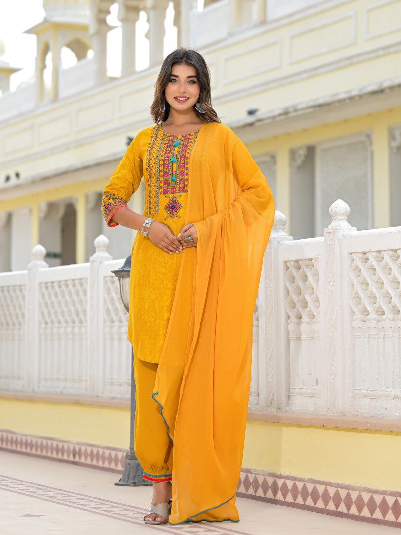 Juniper Women's Mustard Ethnic Motif Printed Kurta, Pant And Dupatta Set With Tassels & Buttons. | Grocsy