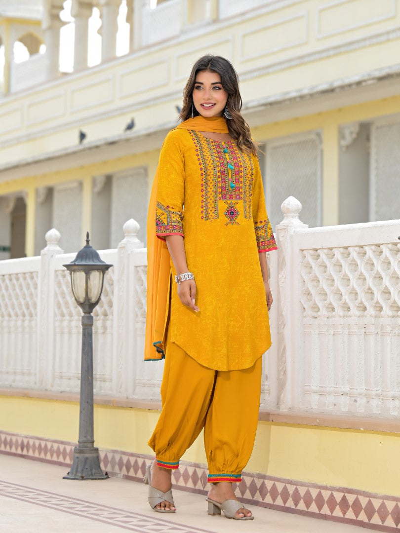 Juniper Women's Mustard Ethnic Motif Printed Kurta, Pant And Dupatta Set With Tassels & Buttons. | Grocsy