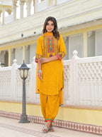 Juniper Women's Mustard Ethnic Motif Printed Kurta, Pant And Dupatta Set With Tassels & Buttons. | Grocsy