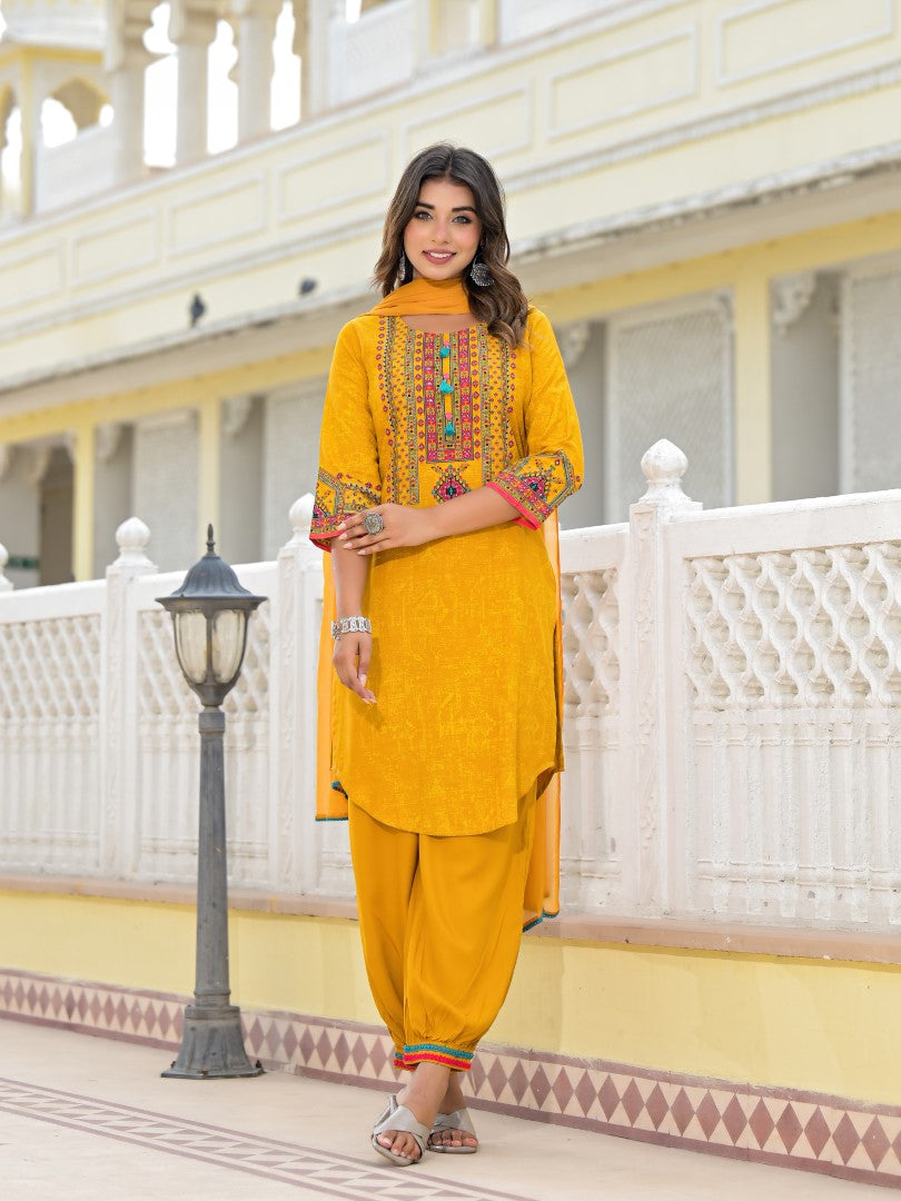 Juniper Women's Mustard Ethnic Motif Printed Kurta, Pant And Dupatta Set With Tassels & Buttons. | Grocsy