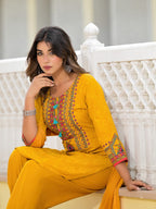 Juniper Women's Mustard Ethnic Motif Printed Kurta, Pant And Dupatta Set With Tassels & Buttons. | Grocsy