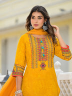 Juniper Women's Mustard Ethnic Motif Printed Kurta, Pant And Dupatta Set With Tassels & Buttons. | Grocsy