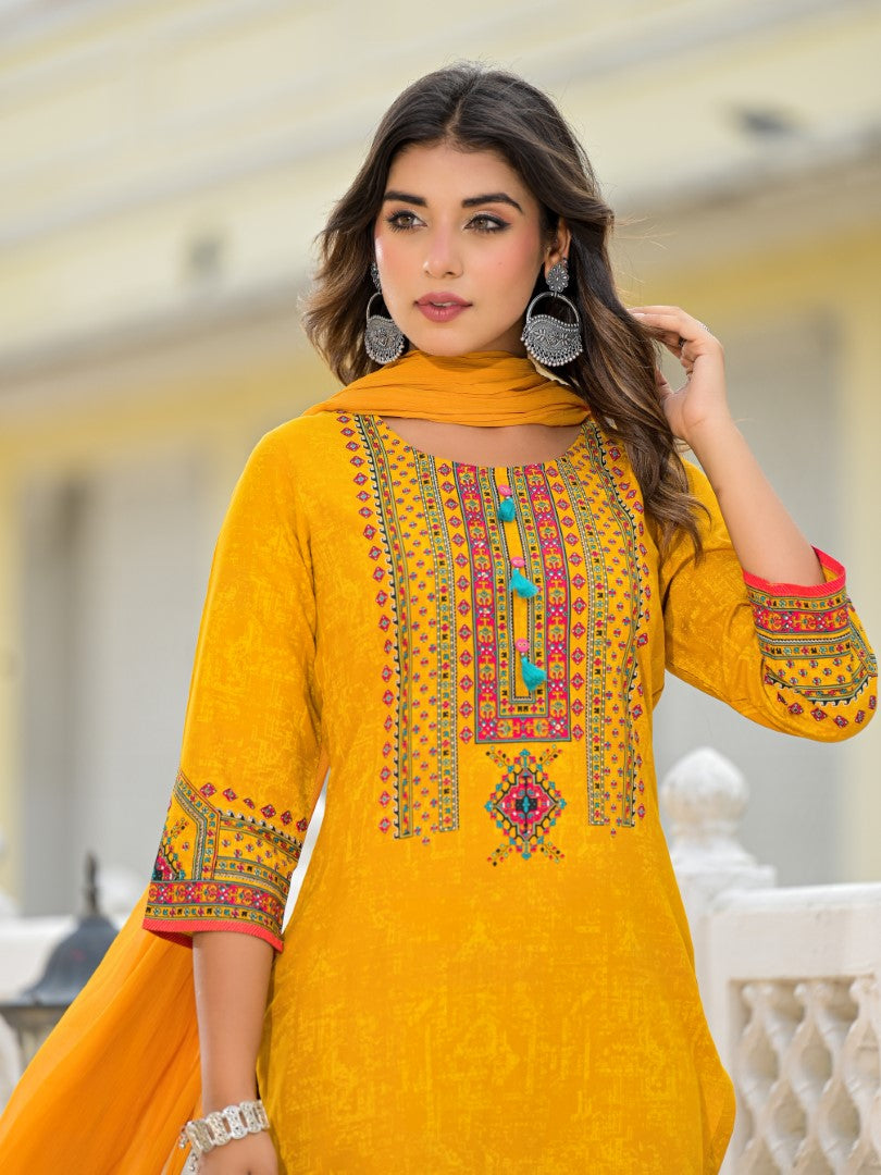 Juniper Women's Mustard Ethnic Motif Printed Kurta, Pant And Dupatta Set With Tassels & Buttons. | Grocsy