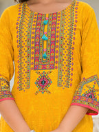Juniper Women's Mustard Ethnic Motif Printed Kurta, Pant And Dupatta Set With Tassels & Buttons. | Grocsy