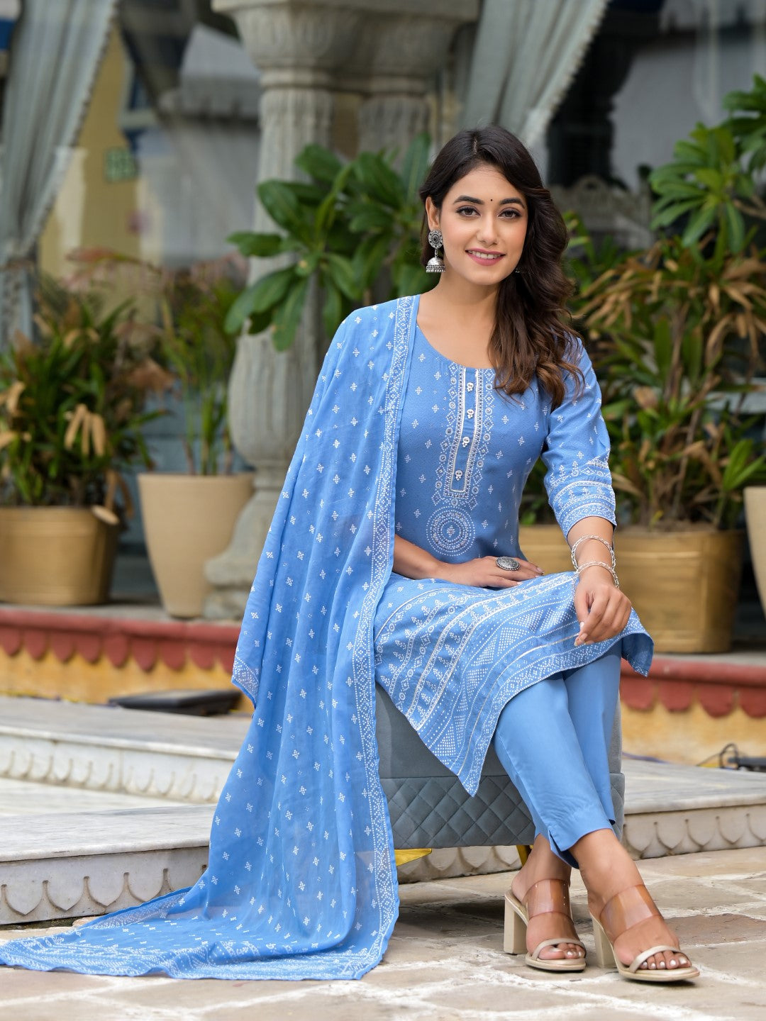 Juniper Women's Blue Ethnic Motif Printed Liva Rayon Kurta Pant And Dupatta Set With Beads Sequins & Lace | Grocsy