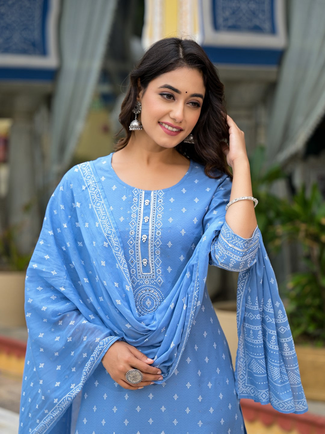 Juniper Women's Blue Ethnic Motif Printed Liva Rayon Kurta Pant And Dupatta Set With Beads Sequins & Lace | Grocsy
