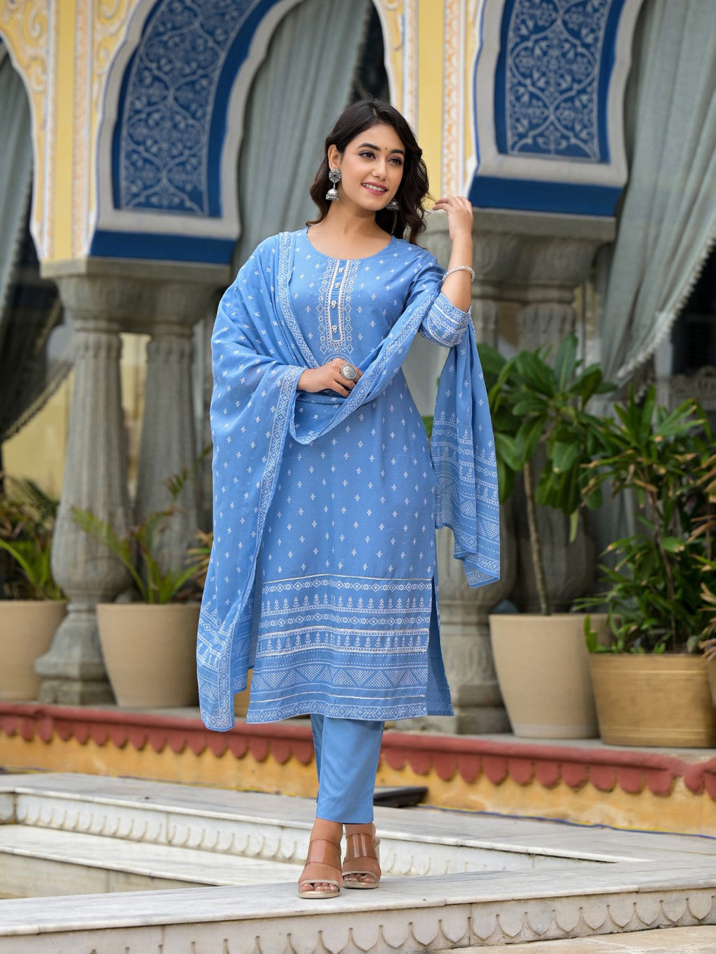 Juniper Women's Blue Ethnic Motif Printed Liva Rayon Kurta Pant And Dupatta Set With Beads Sequins & Lace | Grocsy