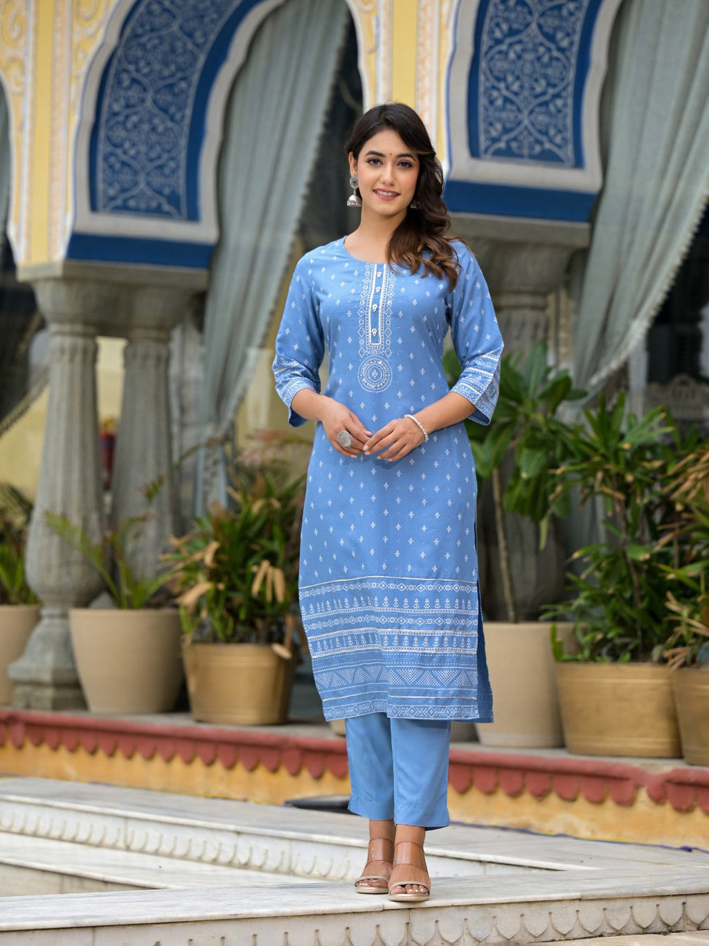 Juniper Women's Blue Ethnic Motif Printed Liva Rayon Kurta Pant And Dupatta Set With Beads Sequins & Lace | Grocsy
