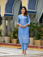 Juniper Women's Blue Ethnic Motif Printed Liva Rayon Kurta Pant And Dupatta Set With Beads Sequins & Lace | Grocsy