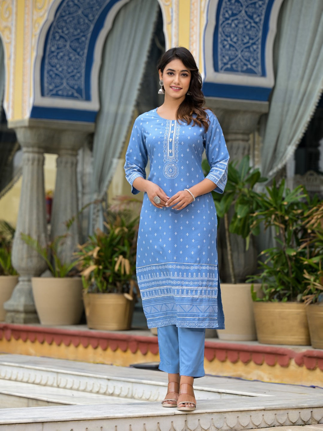 Juniper Women's Blue Ethnic Motif Printed Liva Rayon Kurta Pant And Dupatta Set With Beads Sequins & Lace | Grocsy