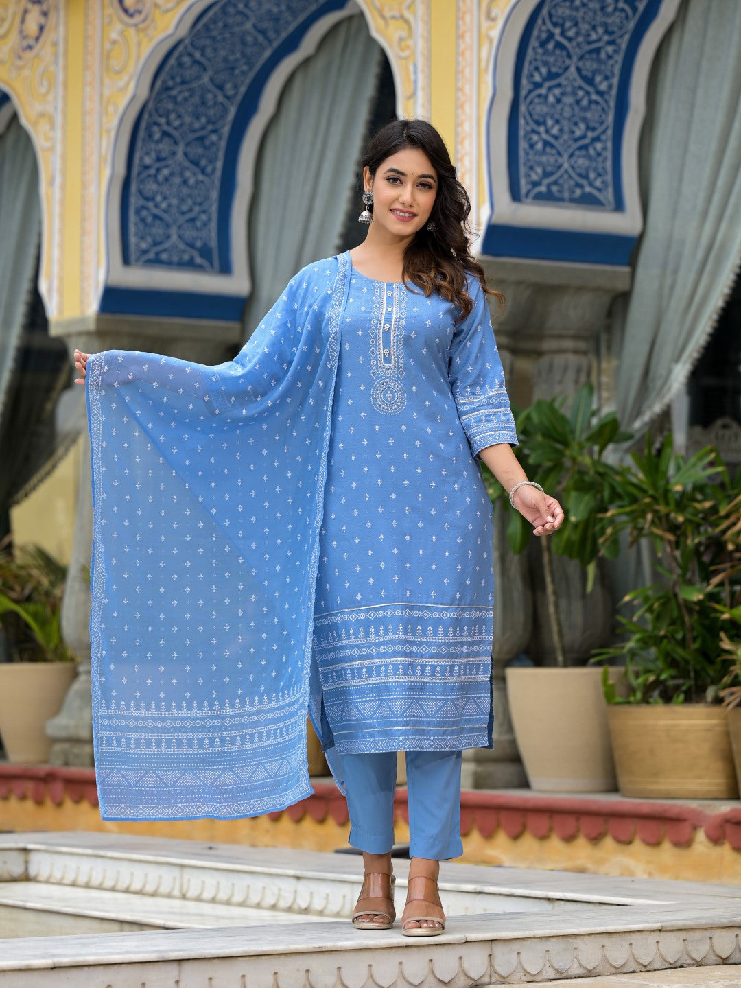Juniper Women's Blue Ethnic Motif Printed Liva Rayon Kurta Pant And Dupatta Set With Beads Sequins & Lace | Grocsy