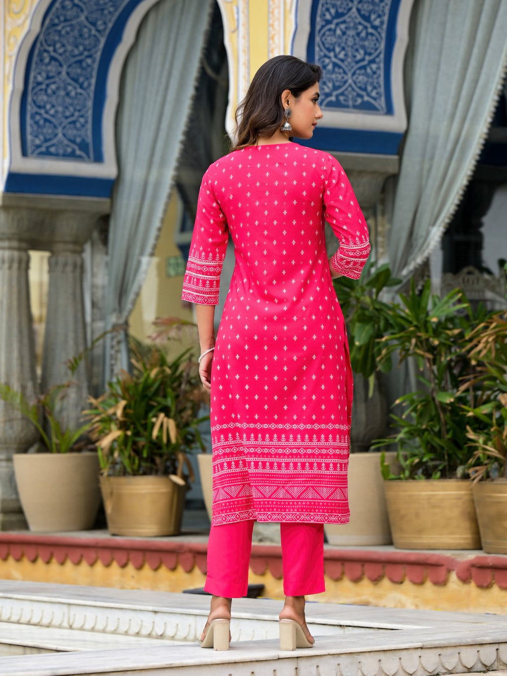 Juniper Women's Pink Ethnic Motif Printed Liva Rayon Kurta Pant And Dupatta Set With Beads Sequins & Lace | Grocsy