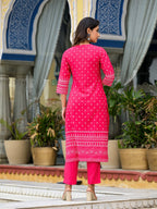 Juniper Women's Pink Ethnic Motif Printed Liva Rayon Kurta Pant And Dupatta Set With Beads Sequins & Lace | Grocsy